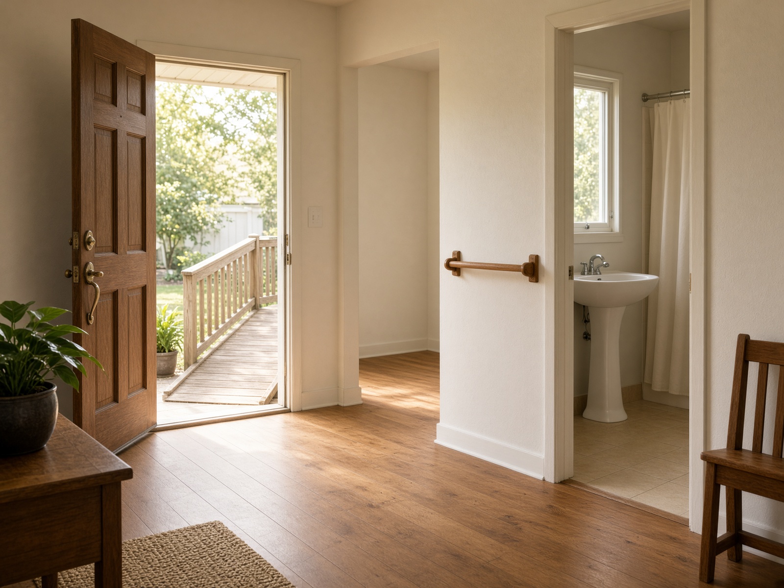 A modest Florida bungalow with a wide doorway, a grab bar, and a gentle ramp at the front door.
