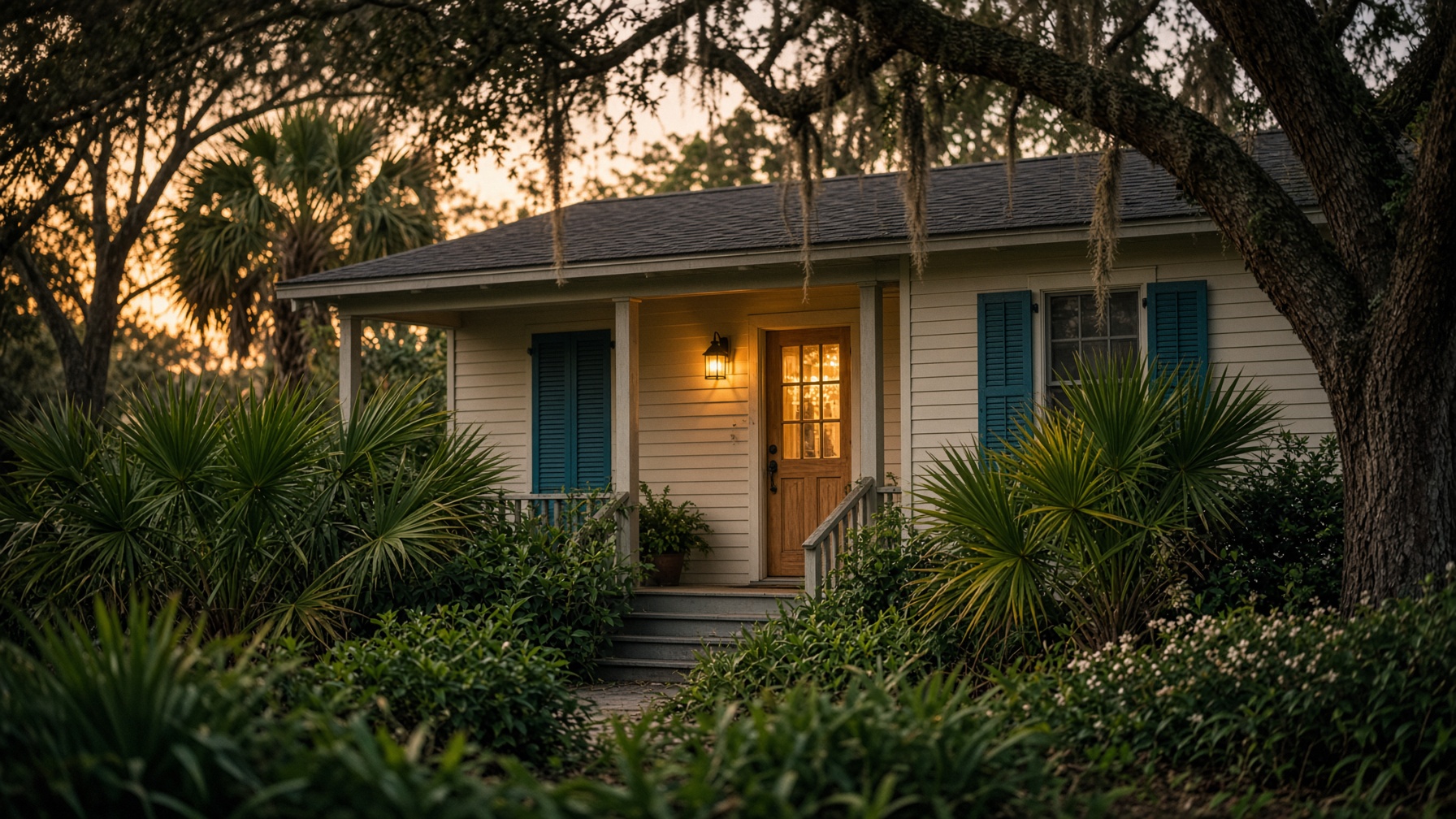 A modest Florida bungalow at dusk, porch light on.