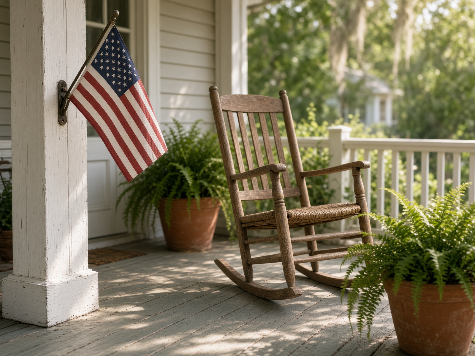 A small American flag on the porch of a modest Florida home.